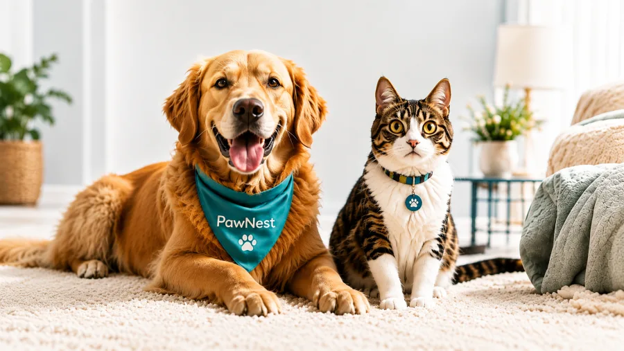 A happy dog and cat relaxing at home