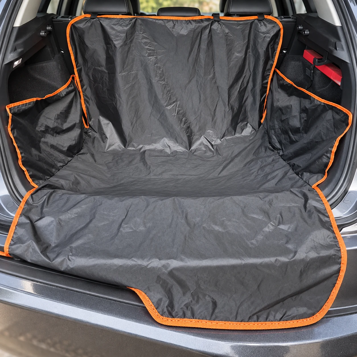 Dog Car Boot Liner – Black with Orange Trim – detail view